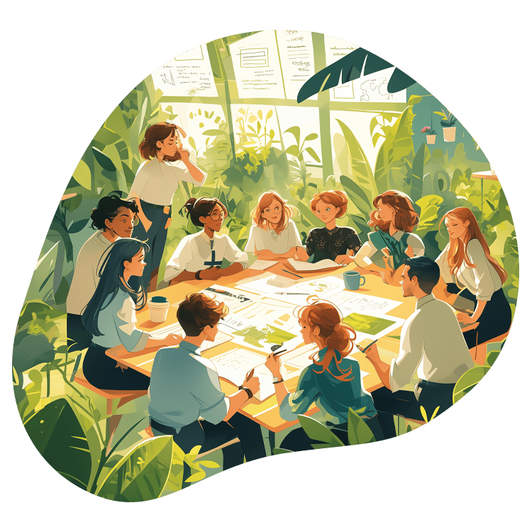 Un groupe de professionnels engagés échange autour d’une table en bois dans un espace baigné de lumière et entouré de verdure. Des notes et des croquis illustrent une stratégie de communication durable, tandis que l’atmosphère est dynamique et collaborative.