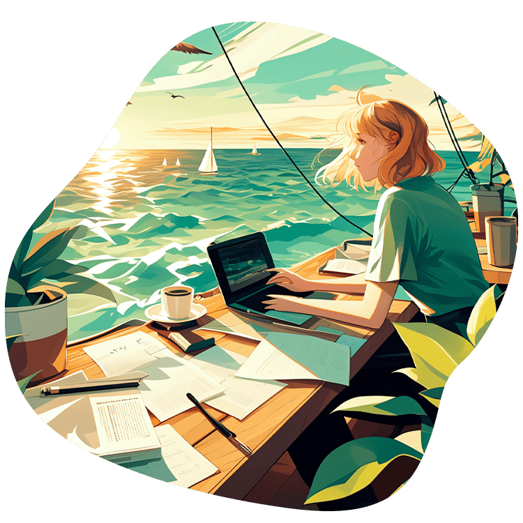 Une femme écrit sur son ordinateur portable à bord d’un voilier au coucher du soleil, entourée de carnets, de feuilles et d’une tasse de café. La mer scintille sous la lumière dorée, symbolisant l’inspiration et la liberté de création.